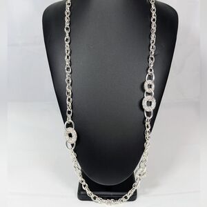 Long Silver Pave Interlocking Ring Station Necklace Sparkle Statement Jewelry